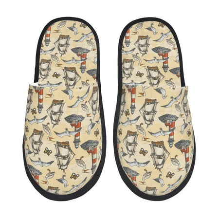 Balery Marine Birds And Coastal Lighthouse Slient Indoor Furry Fleece Comfort House Shoes Soft Non-Slip Home Shoes Cotton slippers House Slippers-- Medium