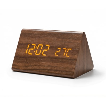 DAYBETTER Wooden Alarm Clock for Bedrooms, Digital Clocks with Date and Temperature, Battery and USB Operated Easy to Set Alarm Clock for Heavy Sleepers,Brown