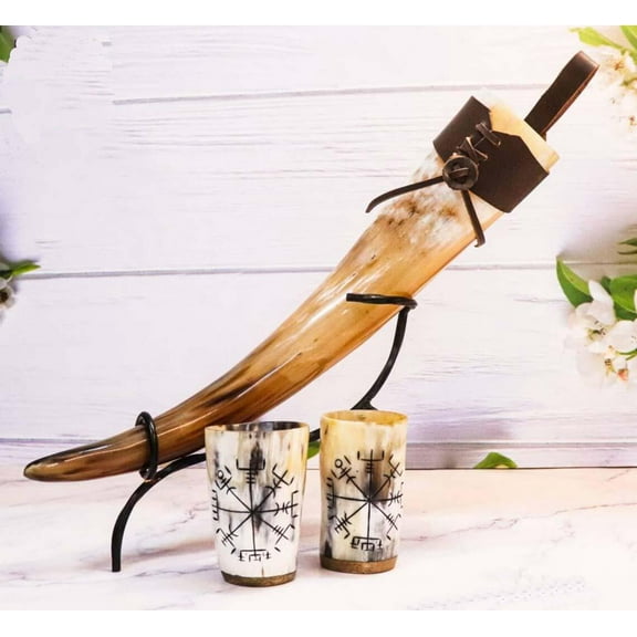 Viking Drinking Horn Premium Cup Set With Iron Stand Genuine Handcrafted Drinking Tankard Viking Horn, For Mead Ale And Beer, Men's Gift