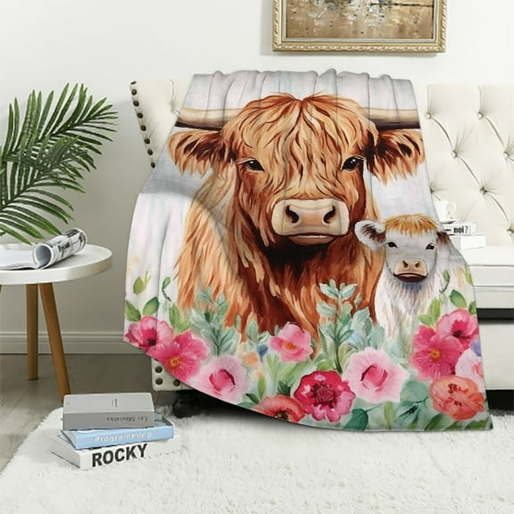 JRXY Highland Cow Blanket Warm Lightweight Cute Flower Cow Flannel Throw Blanket Super Soft Blankets Gifts for Girls Kids Adults Couch Travel White