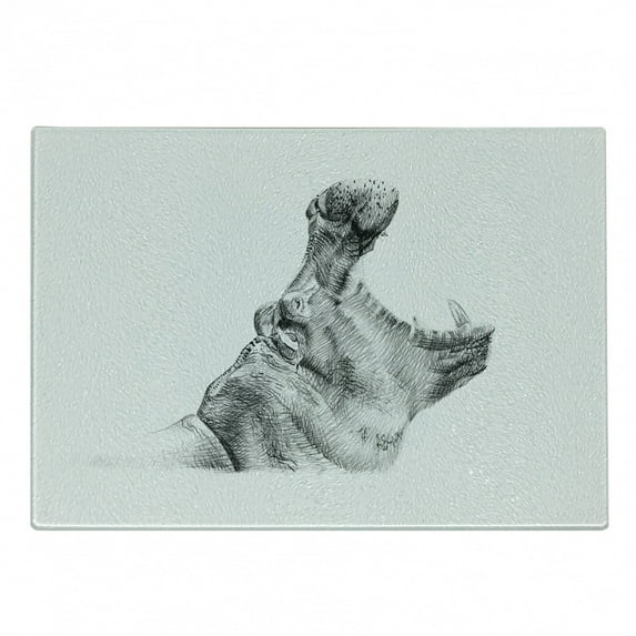 Hippo Cutting Board, Hand-Drawn Pencil Sketch Style Digital Image Hippopotamus Portrait Yawn, Decorative Tempered Glass Cutting and Serving Board, in 3 Sizes, by Ambesonne