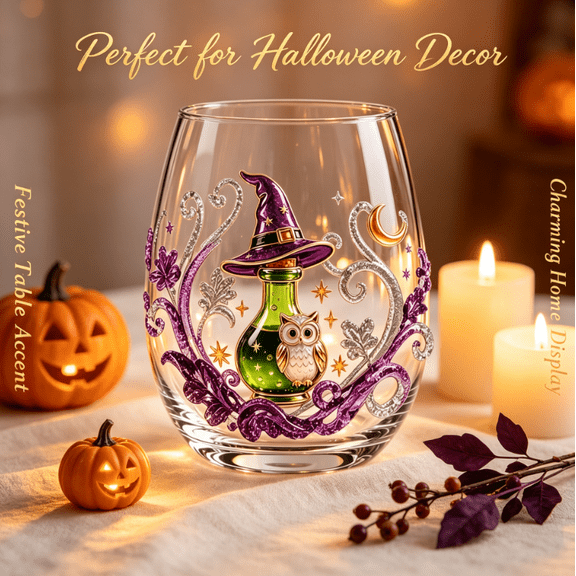 3D Halloween Artisan Glassware Collection,Stemless Embossed Halloween Glass Cups with Ghost/Black Cat/Pumpkin/Spider Web, Clear Gothic Drinkware for Fall Party Decor & Holiday Gifts (Potion Owl)