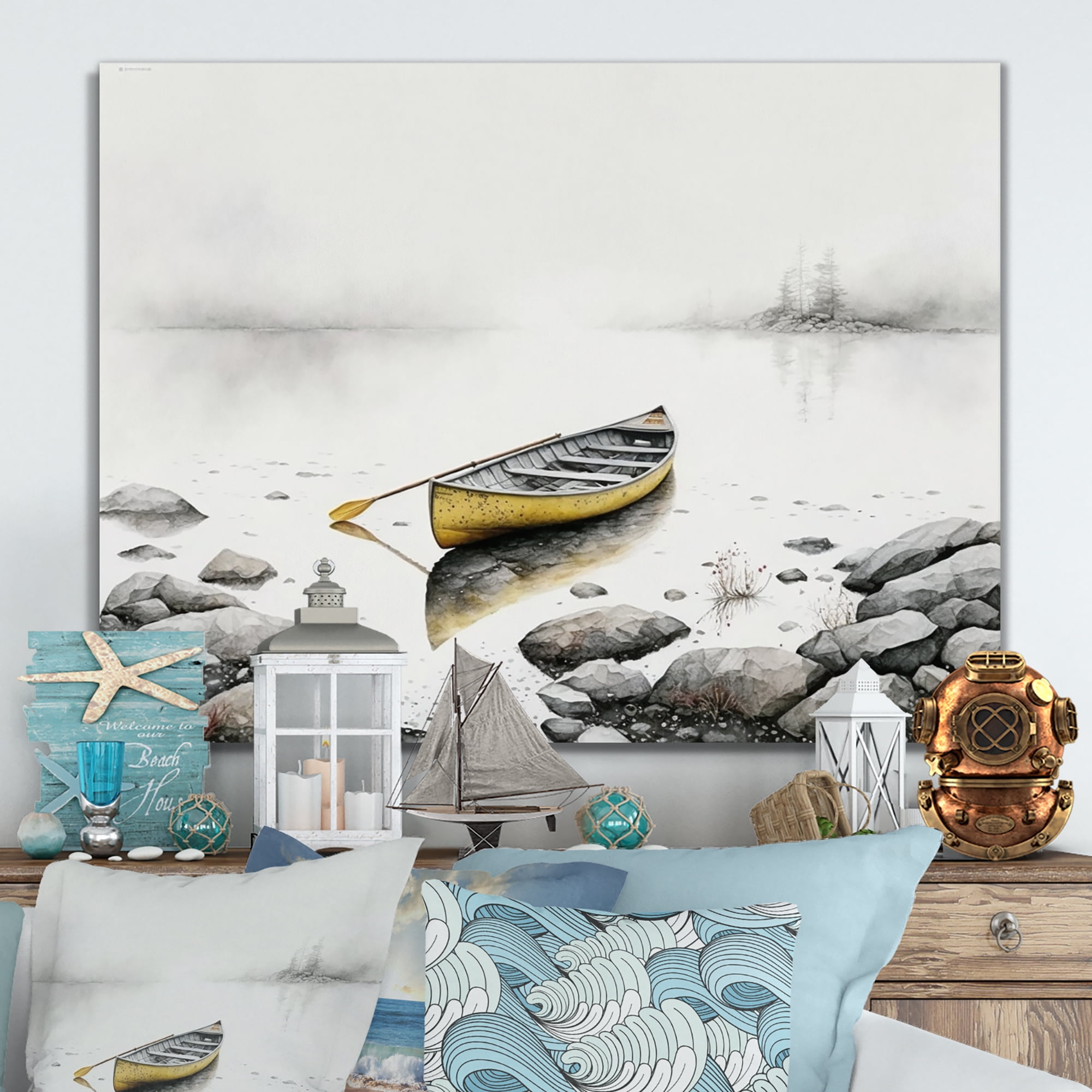 Designart Yellow Canoe On The Lake II Canvas Wall Art