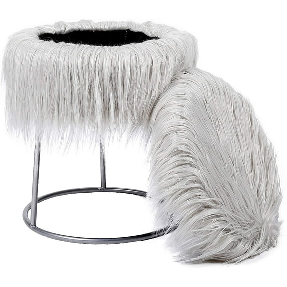 BirdRock Home Round White Faux Fur Foot Stool Storage Ottoman with Silver Legs - Vanity Chair - Soft Compact Padded Seat - Bedroom and Kids Room Chair - Metal - Fluffy Makeup Seat