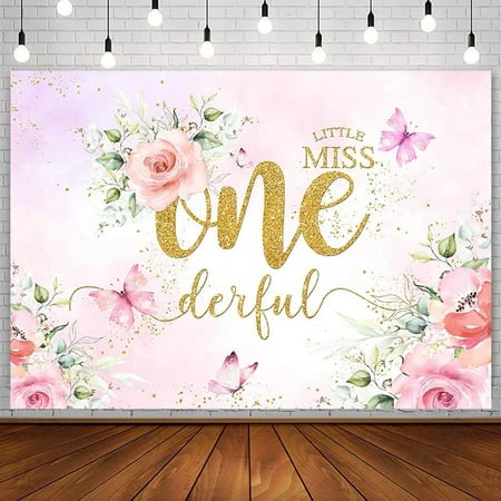 7x5FT Miss Onederful Backdrop Girl 1st Birthday Party Decoration Supplies Little Miss Onederful Blush Pink Floral Butterfly Gold Glitter Photography Background Banner Photo Shoot Studio Props