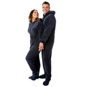 Navy Blue Hooded Plush Adult Mens Footed Pajamas Sleeper w/ Drop Seat