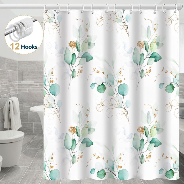 Dznils Cortina Shower de Tela Blanca Estampado Floral de Eucalipto Verde Acuarela con Ganchos, 72" x 72"