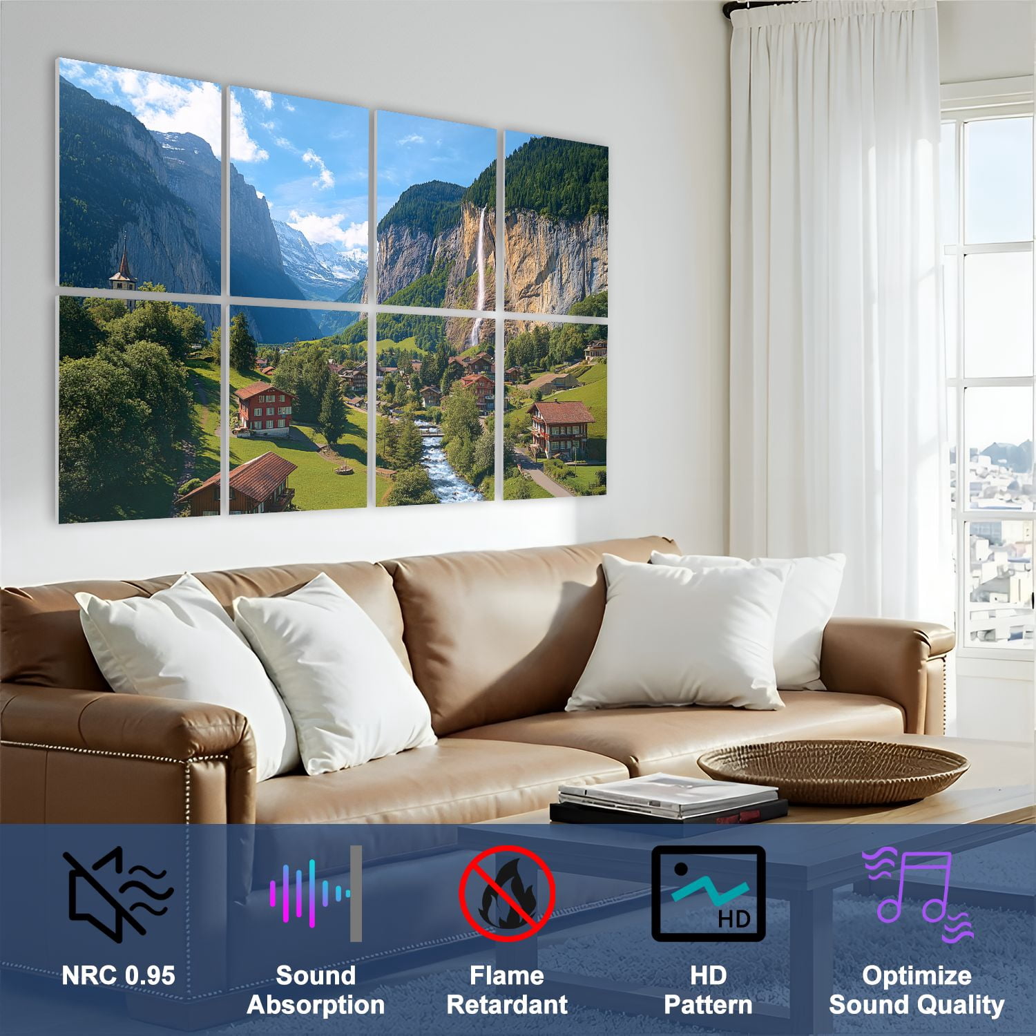 8 Pack Art Acoustic Panels Sound Absorbing Lauterbrunnen valley Switzerland Decorative Soundproof Wall Panels Self Adhesive for Nursery Game Room Bedroom 48"x32"