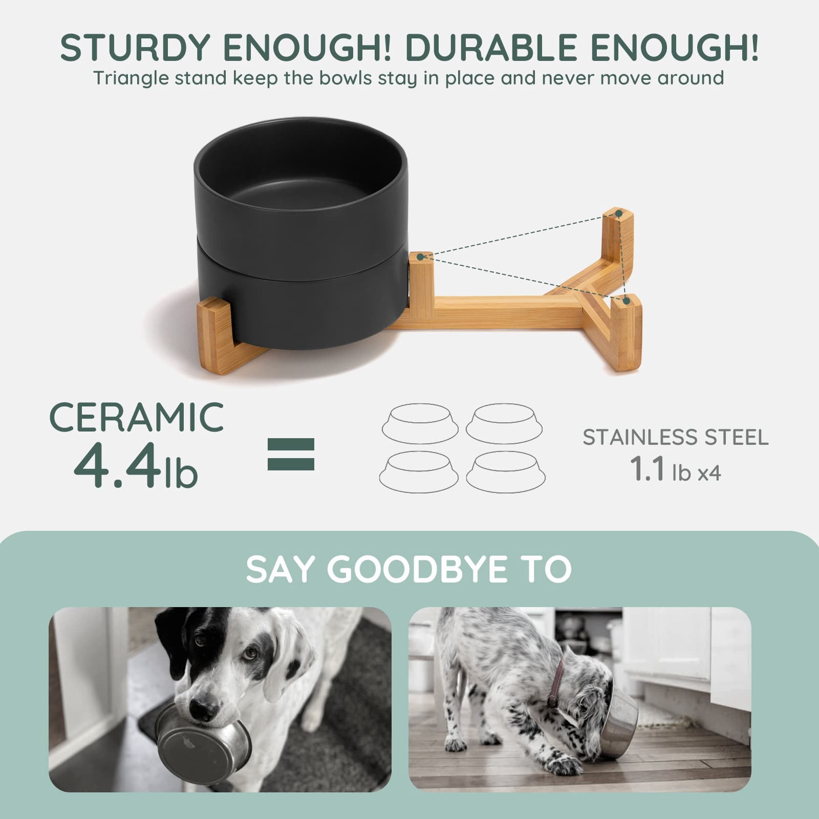 SPUNKYJUNKY Ceramic Dog and Cat Bowl Set with Wooden Stand Non-Slip Matte Glaze Weighted Food Water Set for Cat Medium Dog 28.7 OZ,Black