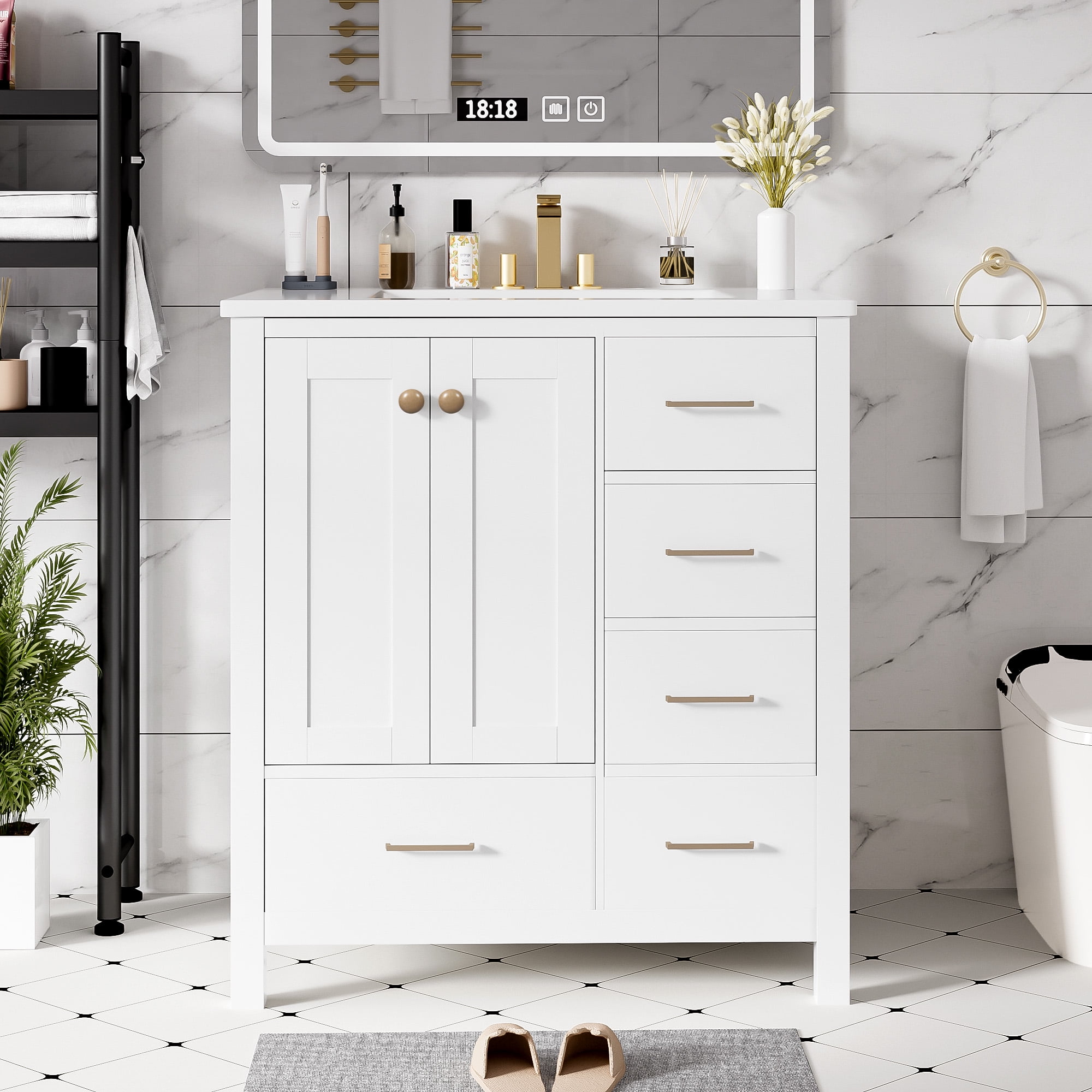 Euroco 30'' Bathroom Vanity with Ceramic Sink Combo, Solid Wood Frame Bathroom Storage Cabinet, Freestanding Vanity Set with 4 Drawers& Soft Closing Doors, White