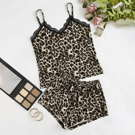 Levmjia Pajamas for Women Set Clearance Summer Plus Size Leopard Print Lingerie Silk Underwear Sleepwear Nightdress Pajamas Satin
