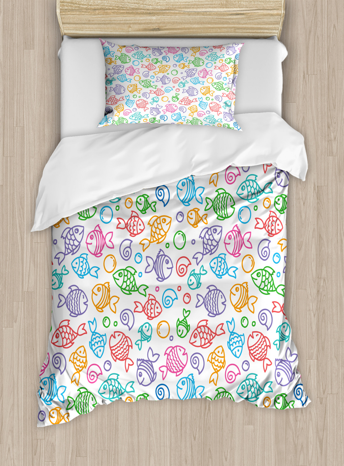 Kids Duvet Cover Set Twin Size, Various Color Repeating Funny Fish
