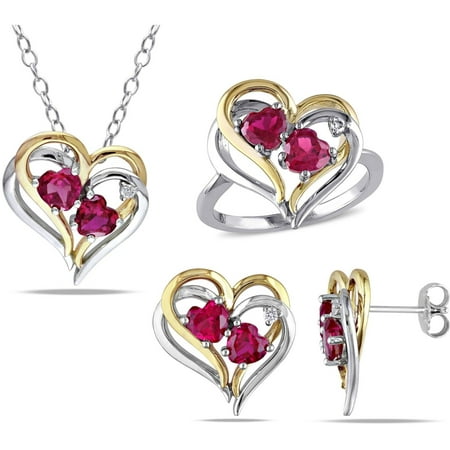 Tangelo 4-3/4 Carat T.G.W. Created Ruby and 1/10 Carat T.W. Diamond Two-Tone Sterling Silver Double-Heart Pendant, Earrings and Ring Set, 18