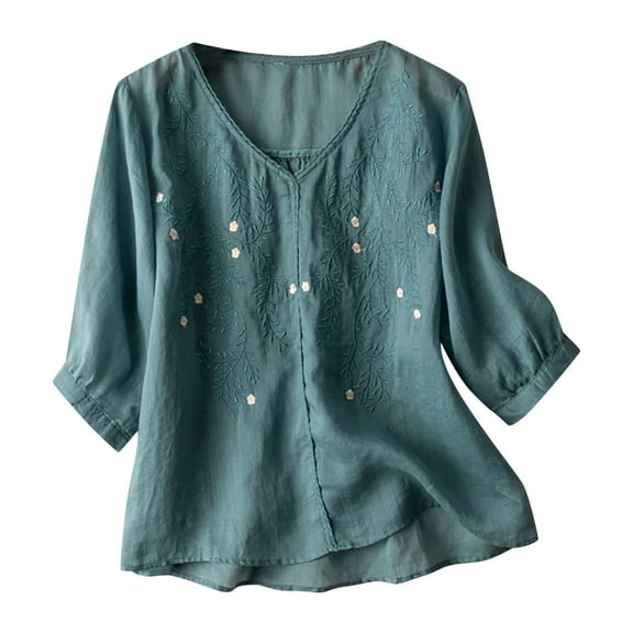 DTBPRQ Mexican Embroidered Tops for Women Summer Short Sleeve Boho Shirts Peasant Blouses, Loose Fitting Bohemian Top