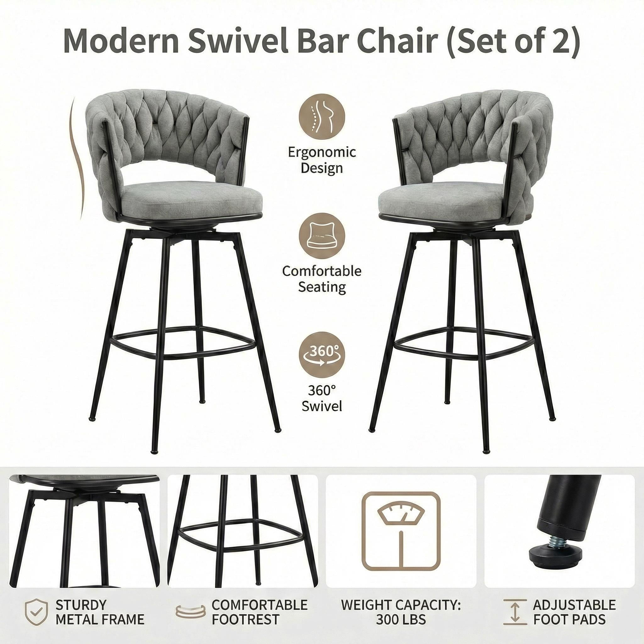 28" Counter Height Set of 2 Grey Linen Swivel Bar Stools with Woven Back and Footrest & Black Legs