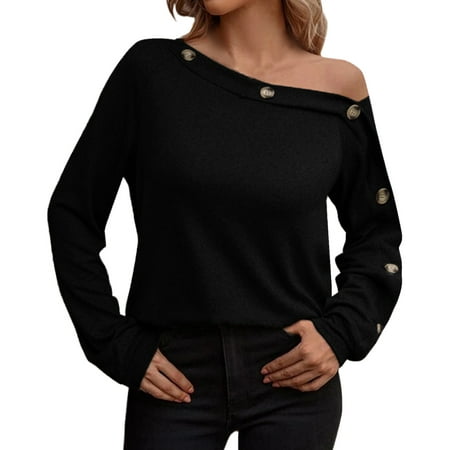 

nsendm plus Size Top Tunic Women Solid Blouse Casual Long Sleeve Button Off Shoulder Shirts Blouse Tops Top Pajama Women Shirt Black Large