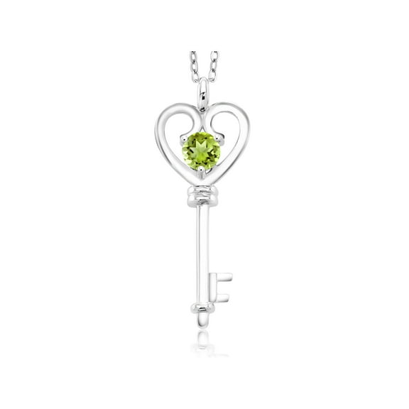 Gem Stone King 925 Sterling Silver Green Peridot Gemstone Birthstone Heart Key Pendant Necklace For Women (0.50 Ct Round 5MM With 18 inch Silver Chain)
