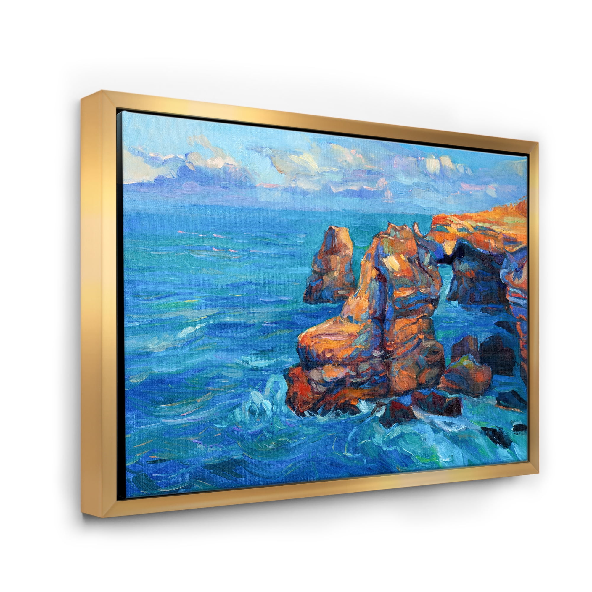 The Blue Ocean By Rocky Cliffs 20 in x 12 in Framed Painting Canvas Art Print, by Designart