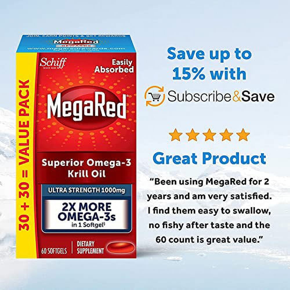 MegaRed Omega-3 Krill Oil Supplement 1000mg - Ultra Strength Softgels (60 Count in A Box), Has No Fishy Aftertaste, Has EPA and DHA, Antioxidant, Astaxanthin- 2 Pack