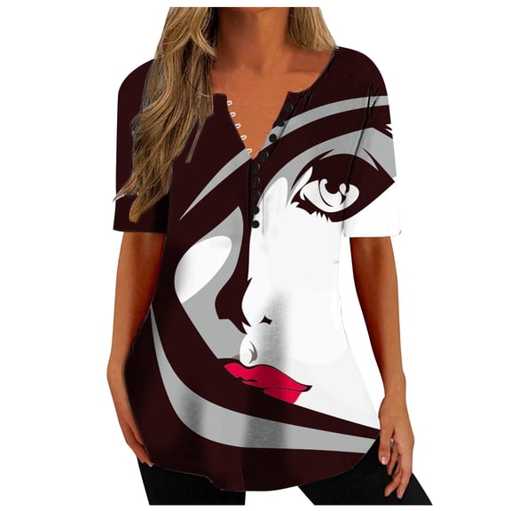 Rutainlusire Women Tops Women Casual Printing Shirts Short Sleeve Loose Tee Tops Tunic Blouse