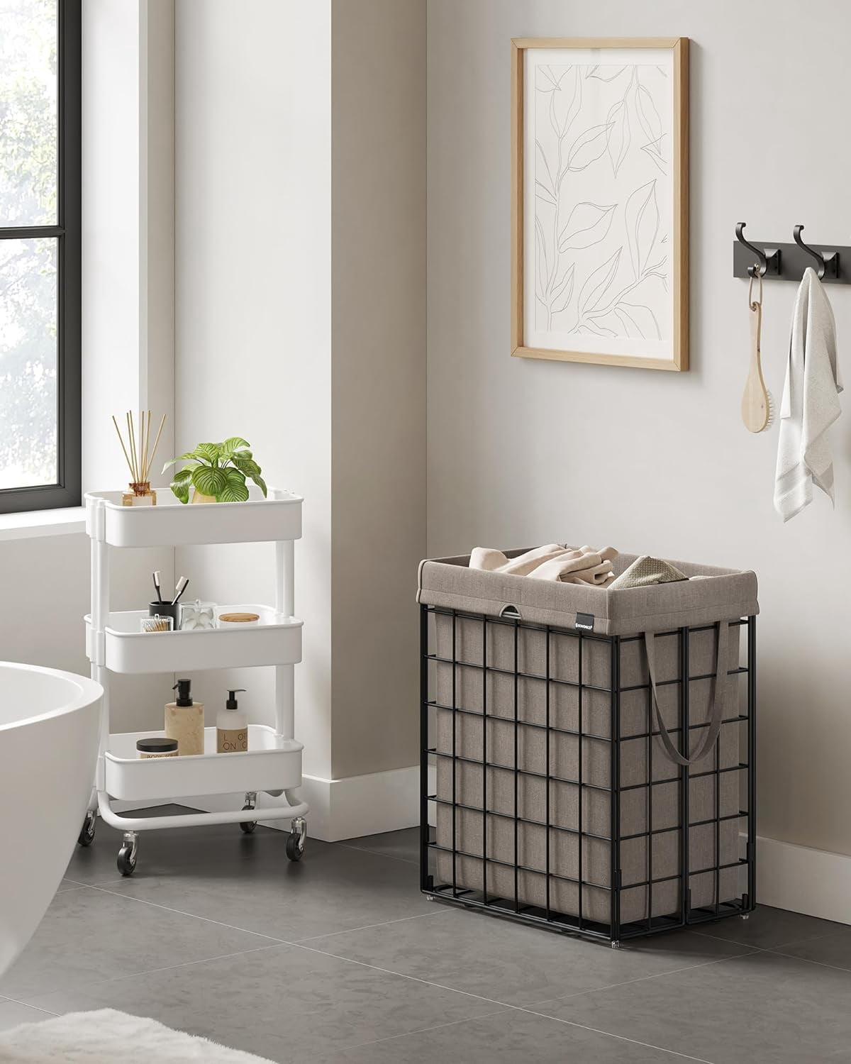 Laundry Hamper, 23.8 Gal. Laundry Basket, Collapsible Clothes Hamper, Removable and Washable Liner for Bedroom Bathroom, Black and Camel Brown
