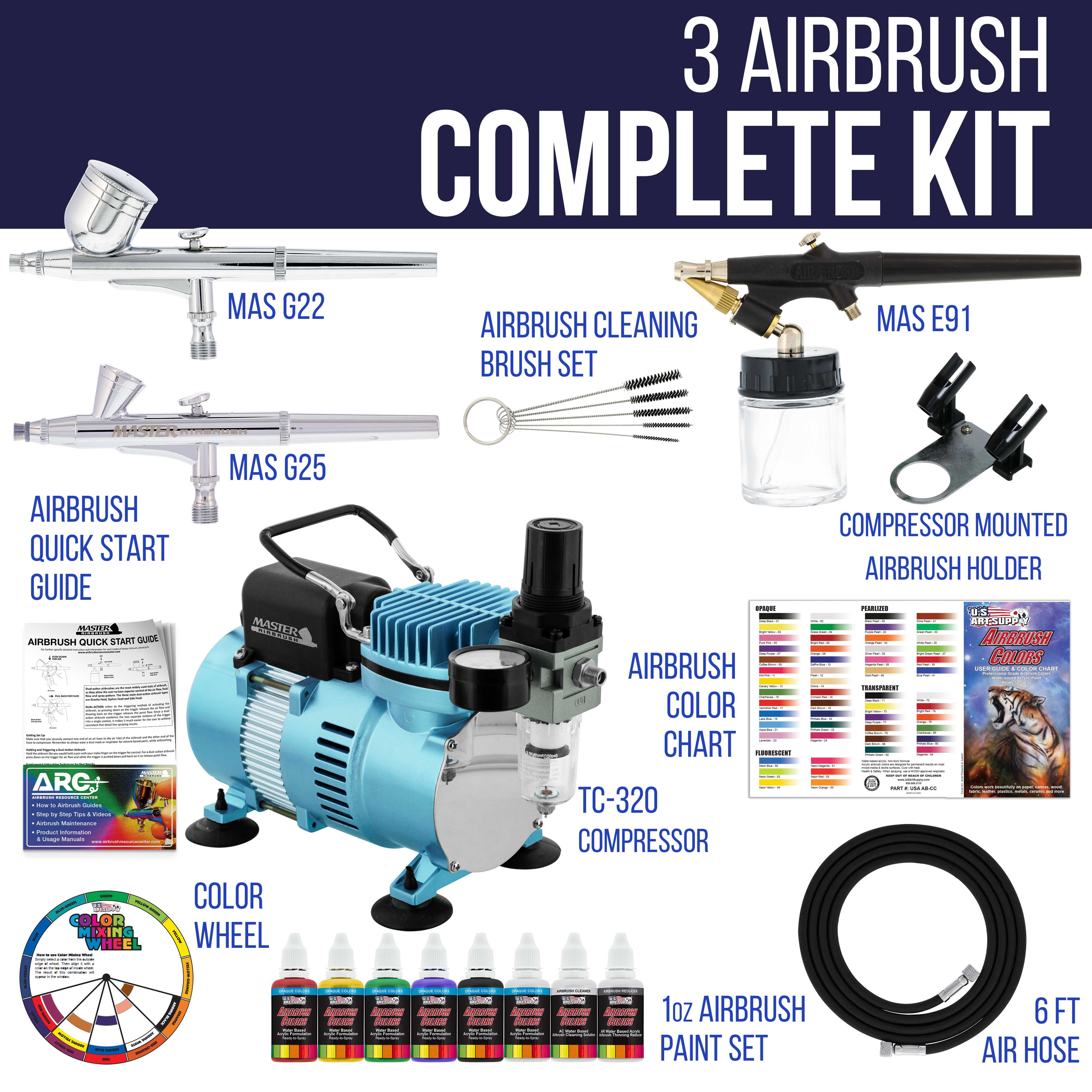 Master Airbrush Professional 3 Airbrush System with Compressor and 6 Color  Primary Paint Set