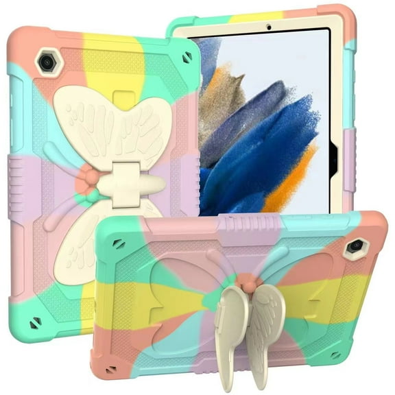 Case For Samsung Galaxy Tab A8 (10.5 inch) Butterfly Wings Kickstand Tough Hybrid with Pencil Holder Heavy Duty Rugged Shockproof Tablet Cover [ Rainbow ]