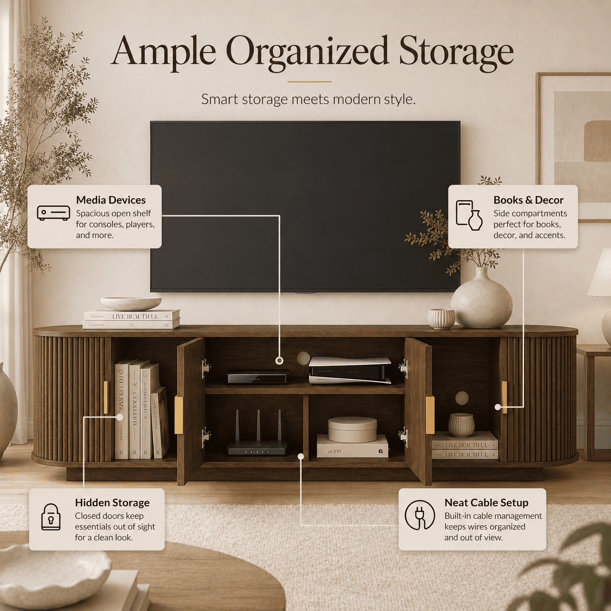 Aukfa 67" Fluted TV Stand for TVs up to 75", Sliding Doors,Walnut