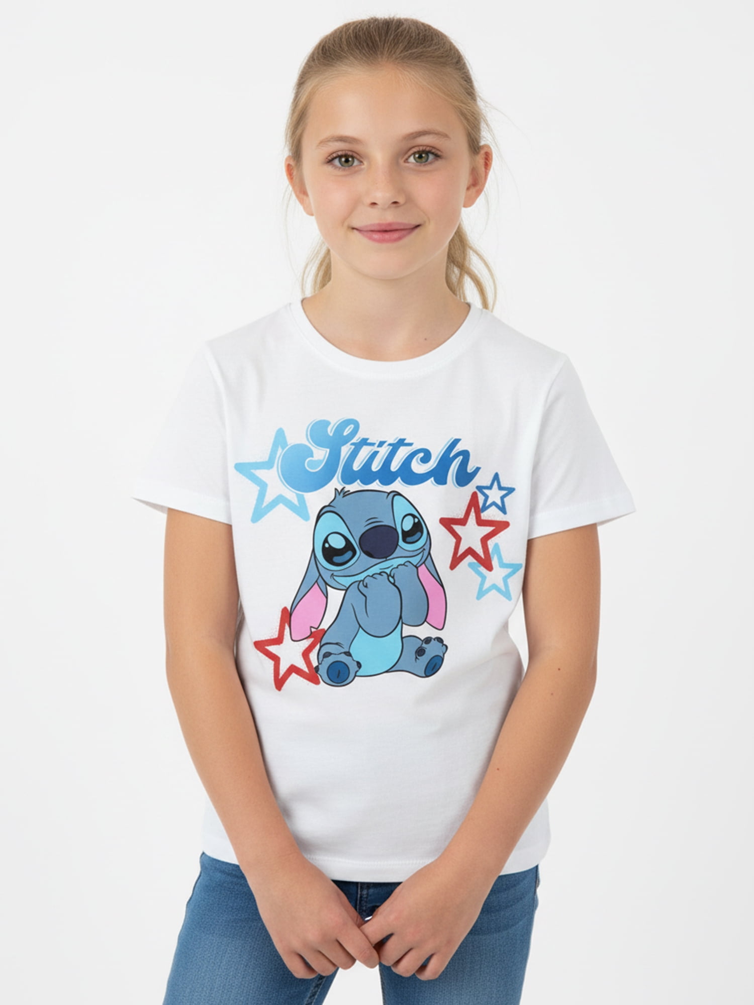 Lilo and Stitch Girls Happy Stitch Stars Graphic Tee with Short Sleeves, Sizes 4-16