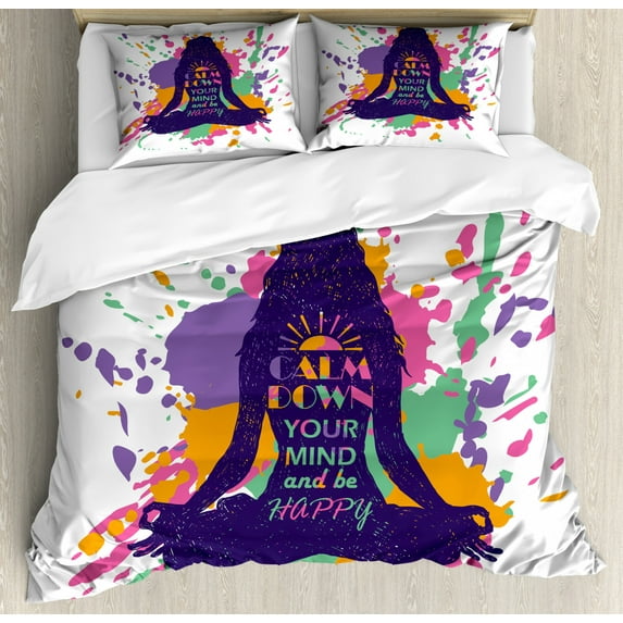 Modern Duvet Cover Set King Size, Yoga Posing Girl with Motivational Happy Quote Calm Down Your Mind Themed Image, Decorative 3 Piece Bedding Set with 2 Pillow Shams, Multicolor, by Ambesonne
