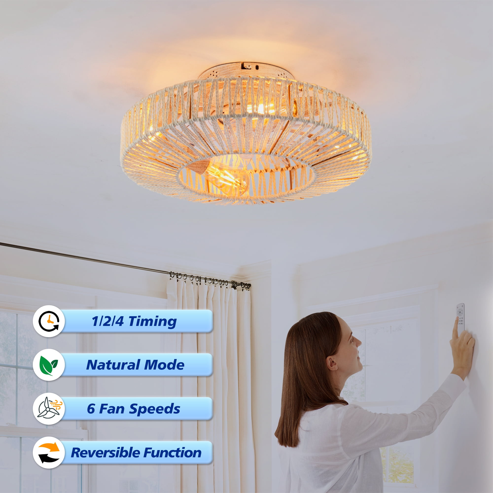 Leumius 20" Rope Caged Ceiling Fans with Light and Remote, Low Profile Chandelier 6 Speed DC Motor Reversible Ceiling Fan for Living Room Bedroom Matte White (NOT Included Bulbs)