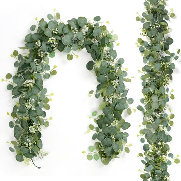 NAISHIER 2 Pcs Artificial Eucalyptus Garland with Flowers,Hanging Plants,Faux Silver Dollar Eucalyptus Greenery Garland Vines for Home Wedding Party Wall Decor,