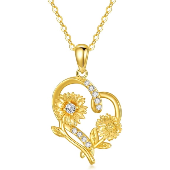 14K Real Gold Sunflower Necklace for Women, You Are My Sunshine Gold Sunflower Pendant Necklace with Crystal Birthday Anniversary Jewelry Gifts for Mom, Wife 16" 2"