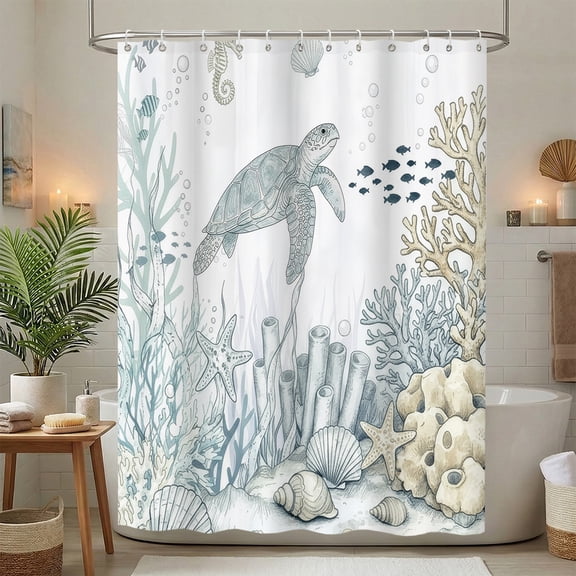 Annvchi Nautical Coastal Turtle Shower Curtain, Coral Starfish Seashell Ocean Themed Bathroom Curtain, Underwater Seahorse Bathroom Decor Blue 72 x 72 inch
