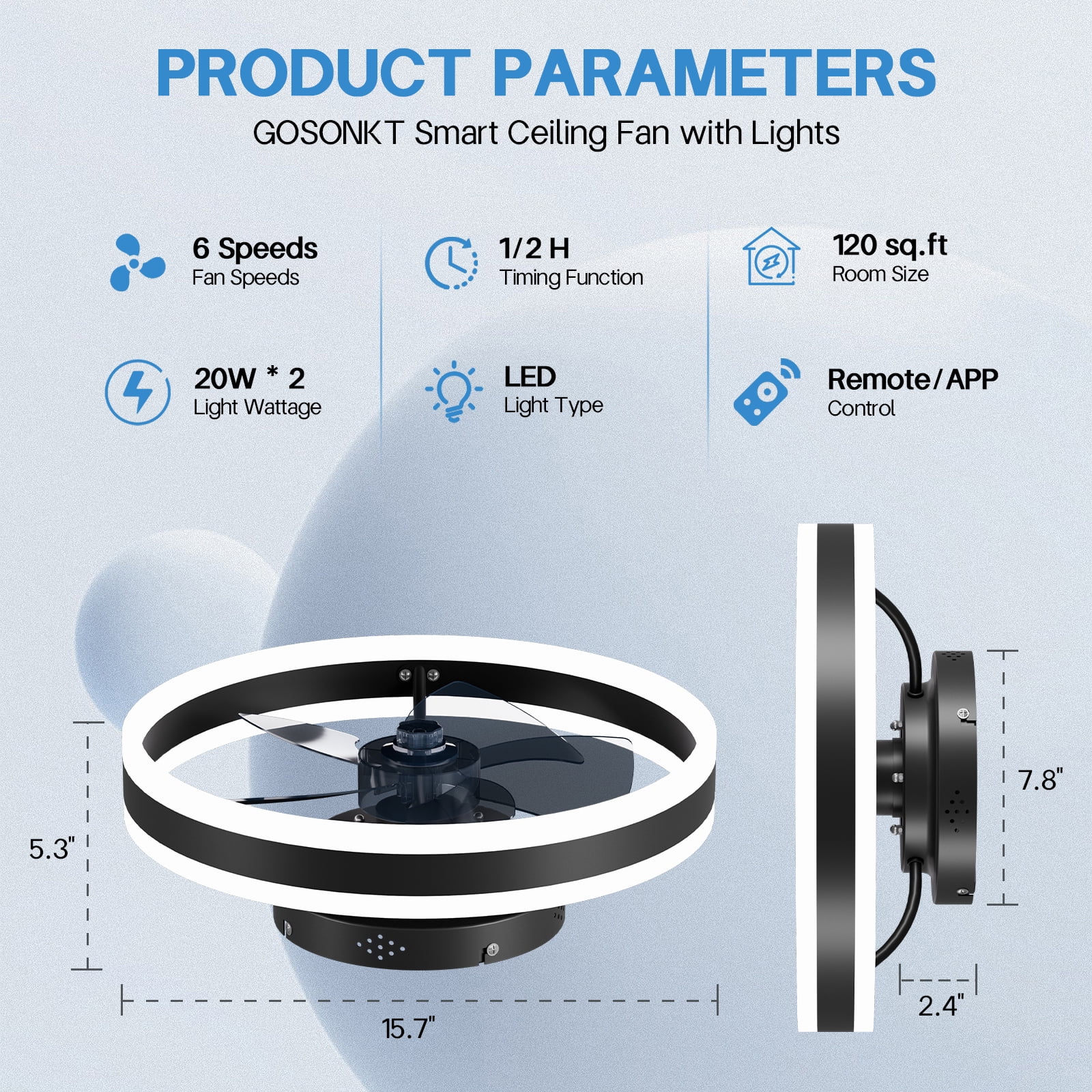 Surnie Low Profile 15.7" LED Small Ceiling Fan with Light - Modern, Semi-Enclosed Flush Mount, Smart APP & Remote Control, 6-Speeds, Black - Perfect for Bedroom and Living Room, 2 Pack