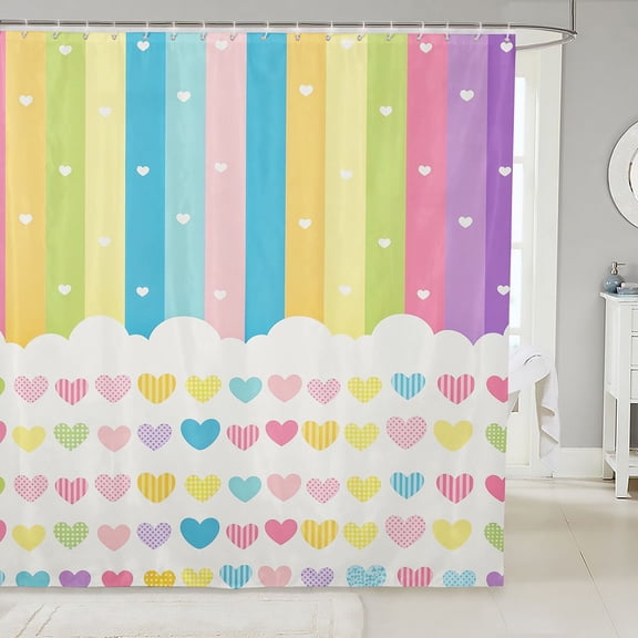 Manfei Cute Rainbow Stripe Shower Curtain 72Wx72L, Sweet Love Heart Bathroom Curtain, Cream Yellow