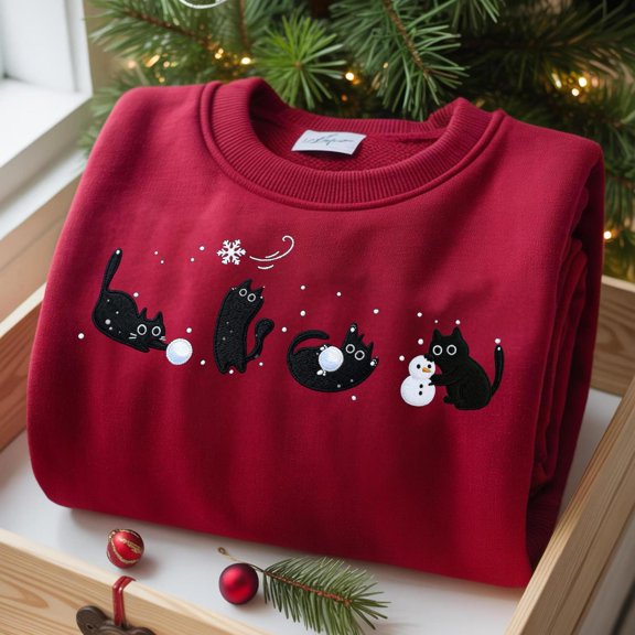 Embroidered Christmas Cat Holiday Crew, Sweatshirt