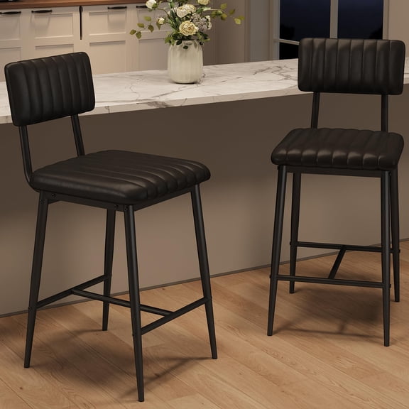 Bar Stools Set of 2, Tall Bar Chairs with Thick Cushion & Thickened Metal Legs, PU Leather Counter Height Barstools w/Backrest and Footrest, for Island, Counter Bar, Kitchen