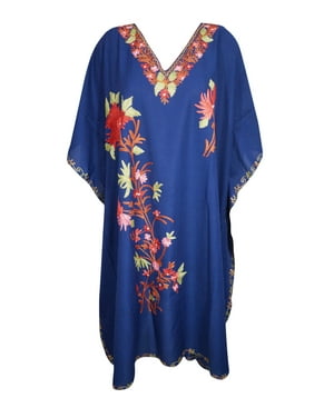 Mogul Womens Dark Blue Floral Kaftan Dress Hand Embroidered Fall Fashion Cover Up Caftan One Size
