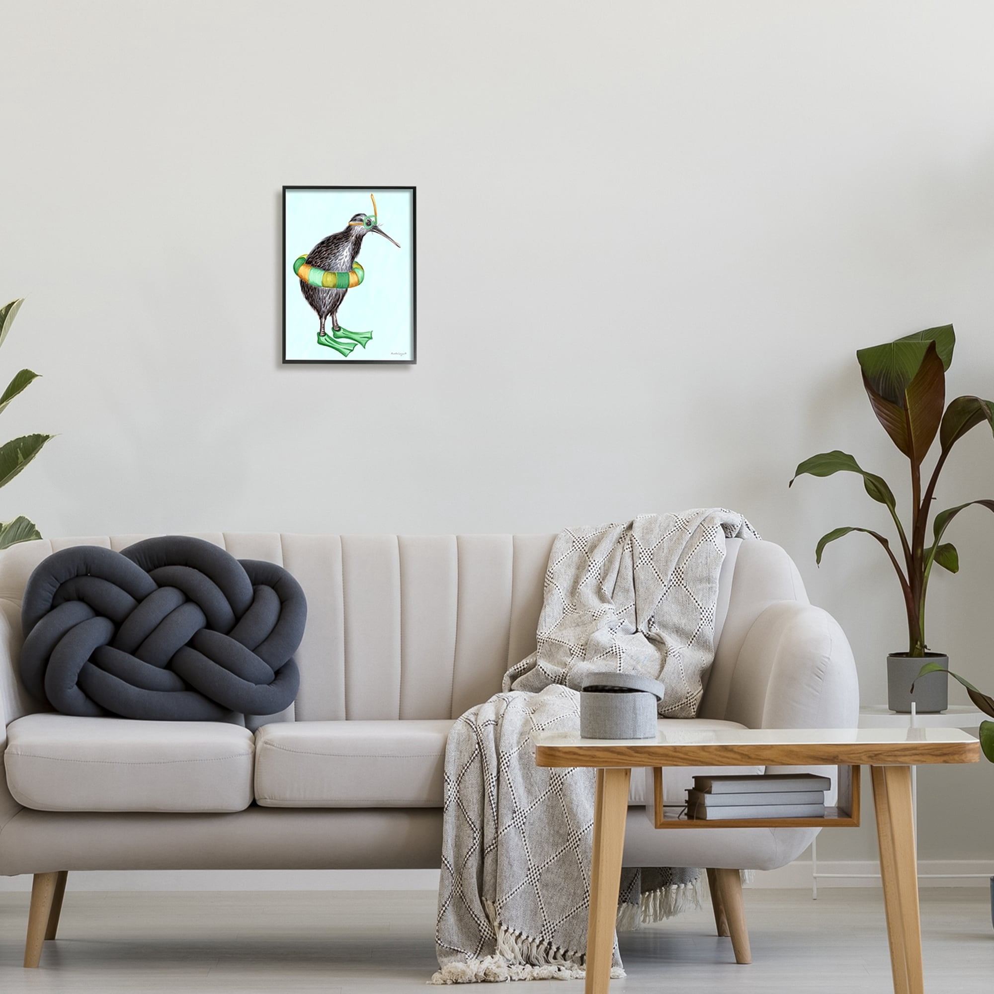 Stupell Industries Kiwi Bird Swimming Tube Flippers Summertime Illustration Graphic Art Gray Framed Art Print Wall Art, Design by Amelie Legault