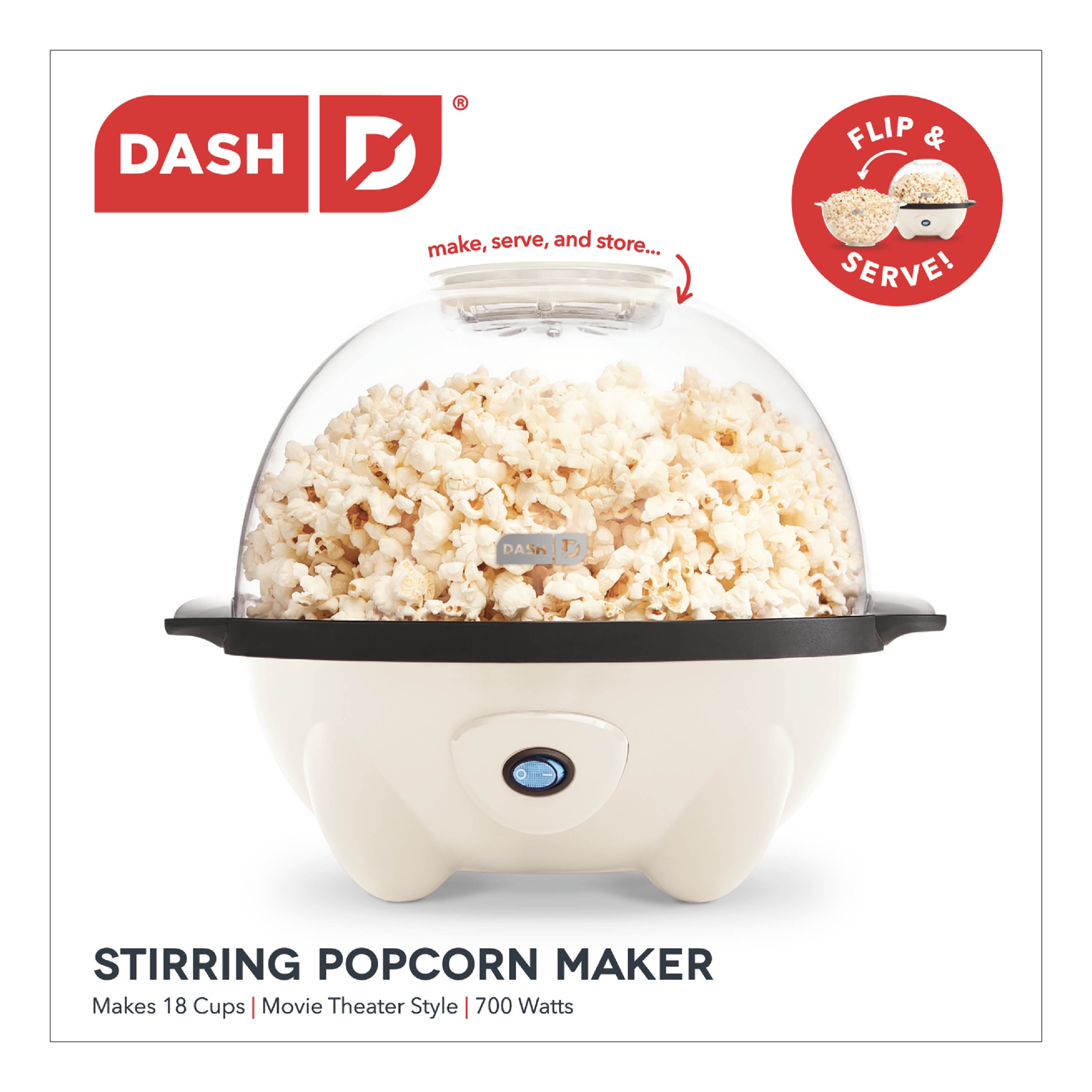 Dash 4.5qt Stirring Electric Popcorn Maker with Lid for Serving Bowl & Convenient Storage, 18 Cups, Cream