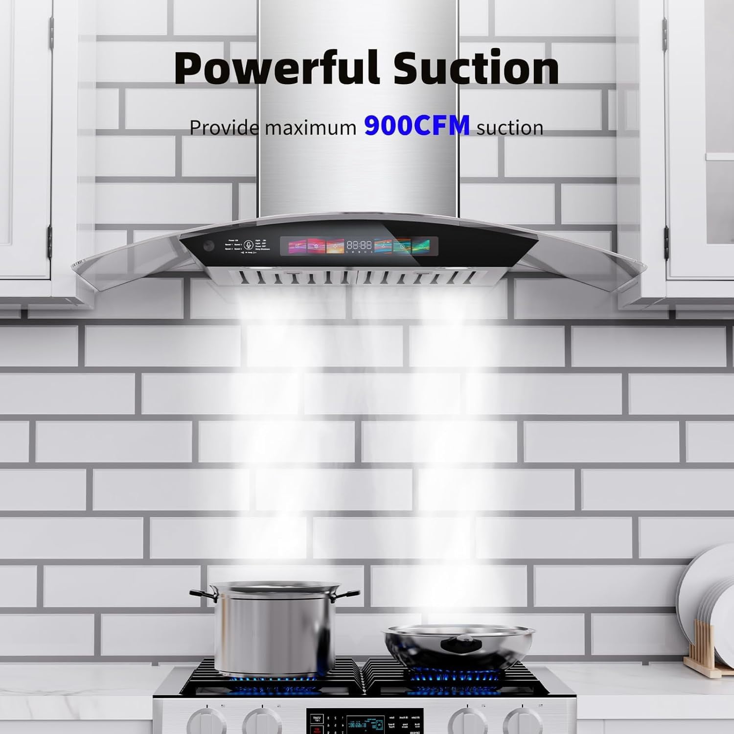 30 inch Wall Mount Range Hood Tempered Glass 900 CFM, Voice/Gesture/Touch Control, Stainless Steel Kitchen Hood Vent with 4 Speed Exhaust Fan, Adjustable Lights, Memory Mode