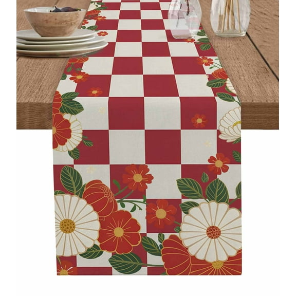 Red Plaid Table Runner 72 Inches, Japanese Farmhouse Floral Flowers Buffalo Checked Bed Runner Dresser Scarves Tabletop for Indoor Outdoor Parties/Ceremony/Banquet, 18" x 72"