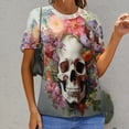 thumbnail image 6 of Colorful Flower Skull Women's Short Sleeve T-Shirt Crew Neck Casual Summer Trendy Loose Fit Tops, 6 of 6