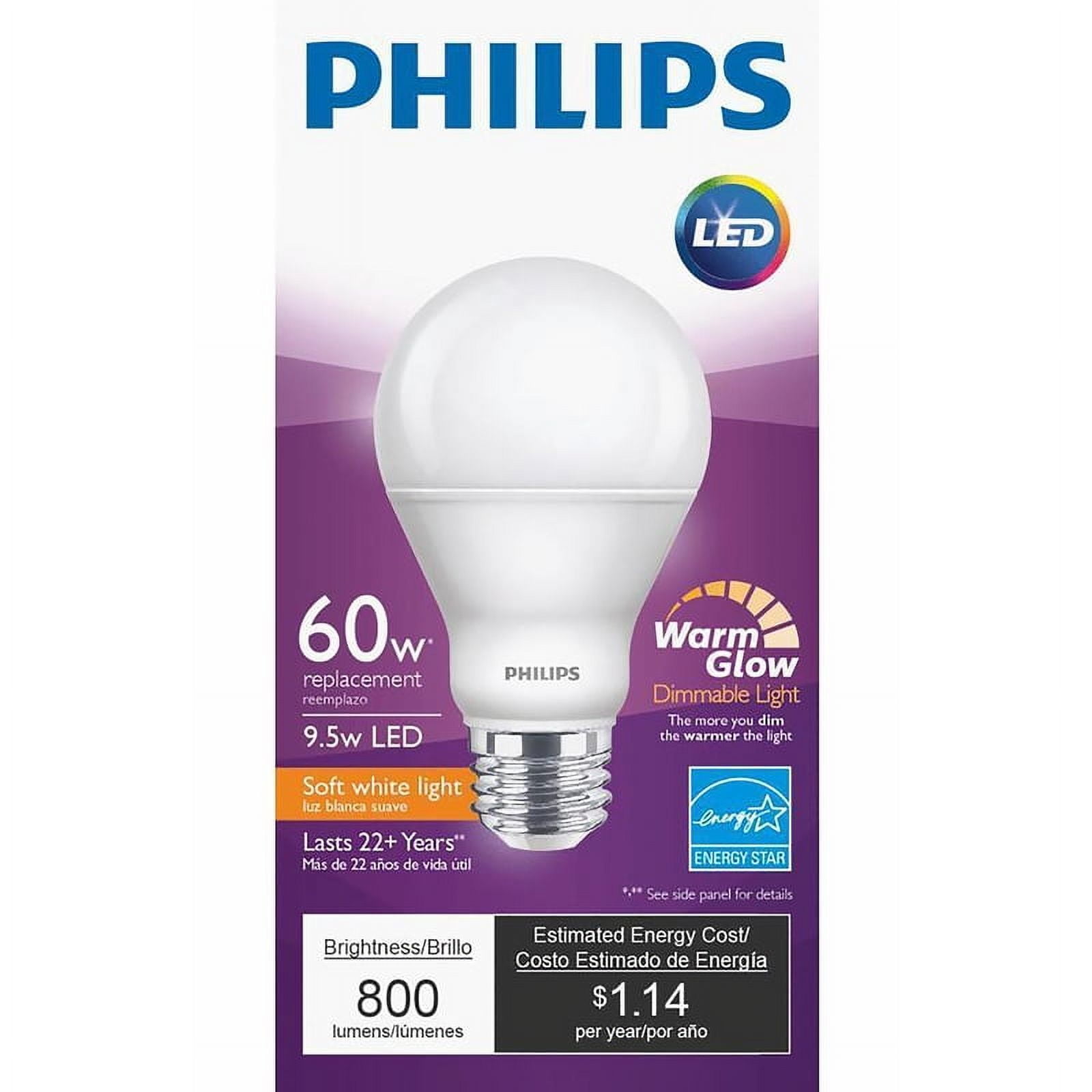 Philips Dimmable Efficient 9.5W A19 Warm Glow 60W Replacement LED Light Bulb
