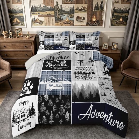 Manfei Animal Deer Bear Full Size Comforter Sets 3-Piece,Happy Camping Bedding Comforter Set,Gray Navy,1 Comforter and 2 Pillowcases,Reversible