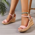 thumbnail image 3 of Rokment Women's Platform Wedge Dressy Sandals Trendy Casual Color Block Braided Leather Open Toe Ankle Strap Chunky High Heels Dress Sandals for Woman Bride Wedding Summer Pink Size 6.5, 3 of 7