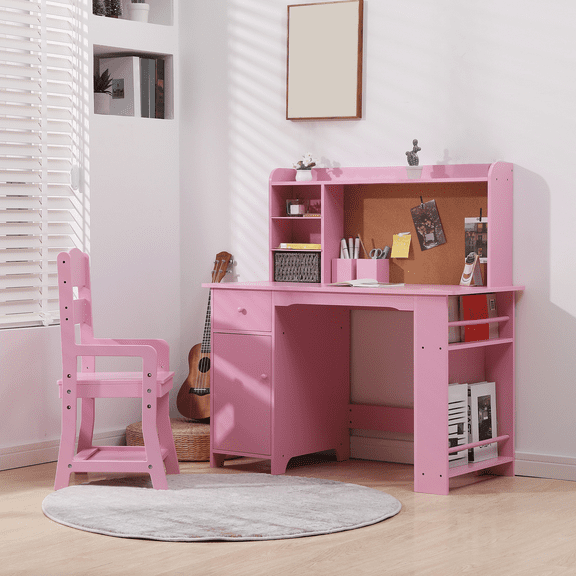 Kids Desk and Chair Set, Kids Desk With Chair And Storage Drawers, Bulletin Board, Writing Table for Boys and Girls