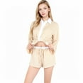 thumbnail image 4 of Lounge Women's Grid Print Lounge Set with Long Sleeve Button-Up Top and Elastic Waist Shorts- Beige,Small, 4 of 7