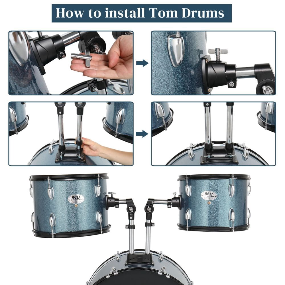 5-Piece Adult Drum Set, 22 Inch Full-Size Drums Kit with Cymbal Stands, Hi-Hat Stand, Sticks, Drum Pedal, Stool & Floor Tom for Beginner Teens Student (Blue)